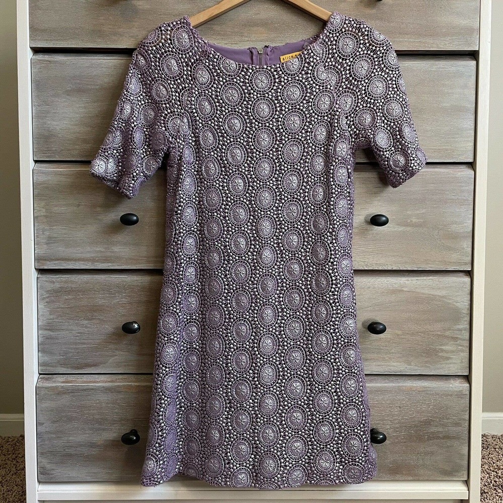 Alice + Olivia Purple Metallic Silver Lace Eyelet Overlay Mini Dress